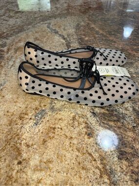 No Boundaries Cream Mesh Polka Dot Ballet Flats with Black Trim